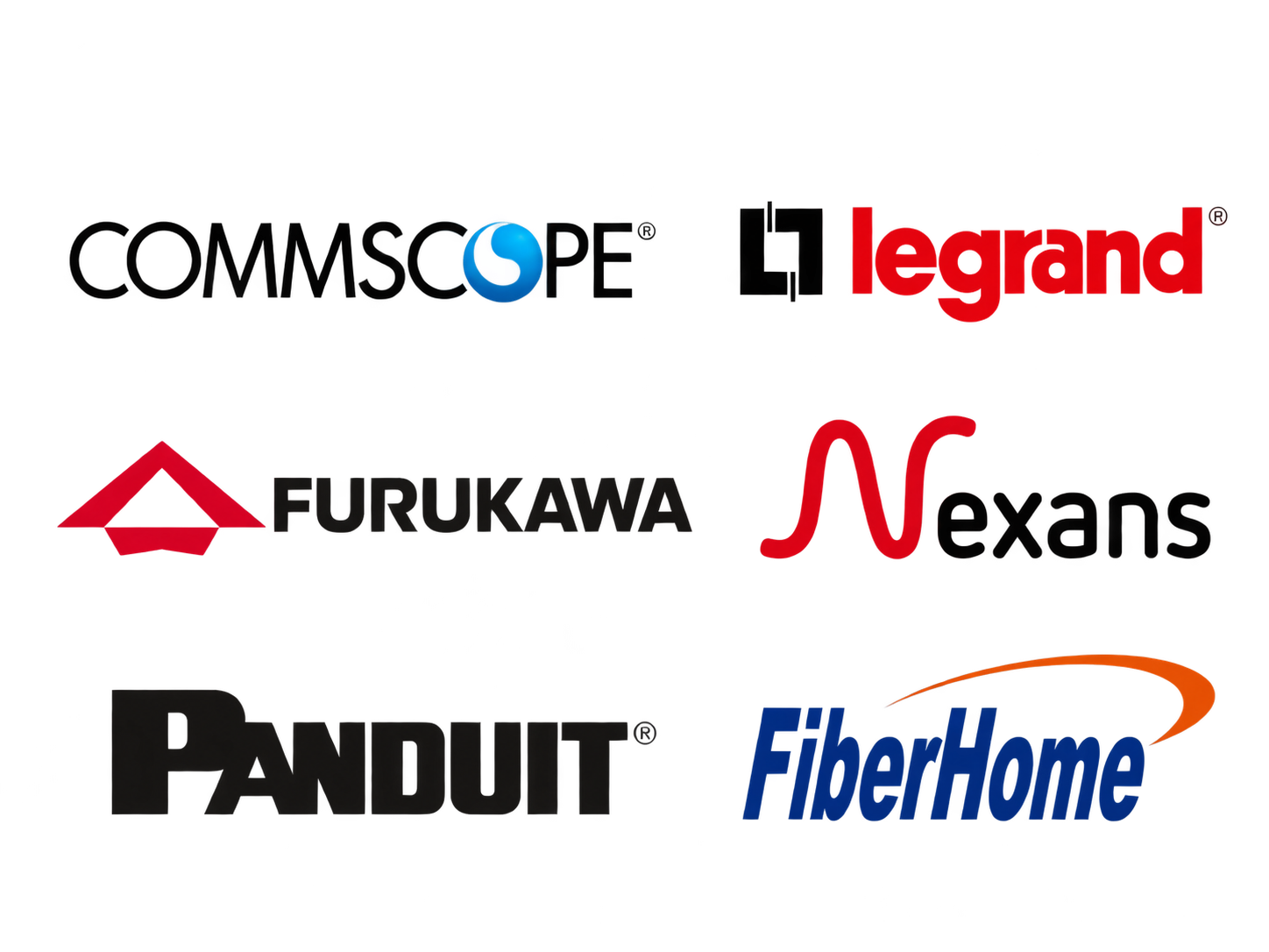 Marcas utilizadas em projetos de cabeamento: CommScope, Legrand, Furukawa, Nexans, Panduit e FiberHome