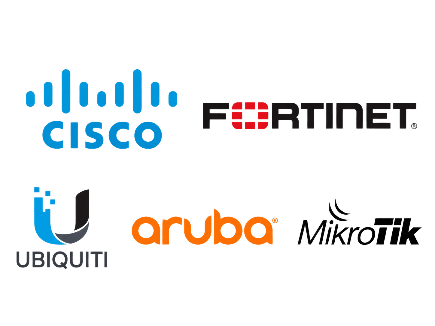 Marcas utilizadas em projetos de redes: Cisco, Fortinet, Ubiquiti, Aruba e MikroTik
